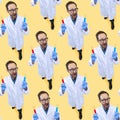 Pattern. High angle view of young chemist, doctor conducts chemical research isolated on yellow background. Royalty Free Stock Photo