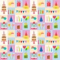 Pattern with holiday attributes. Happy birthday. Party hat, lollipop and cake, cute dog and cat, balloon and gift box Royalty Free Stock Photo