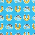 Pattern horse shoe and rainbow with white clouds and stars on blue background. Multicolored rainbow with clouds and