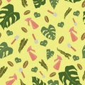 Pattern with houseplants such as alokasia, monstera and maranta.