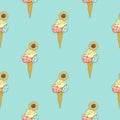 Pattern of ice cream cones on a turquoise background. Regular.