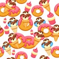 Pattern Ice Cream and donut with pink glaze vector illustration eps 10. Background of texture vanilla Ice Cream dessert.