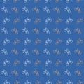 Pattern icons of bicycles ride on rear wheel. Seamless print on a blue background. Cycling, spinning wheels. Transport