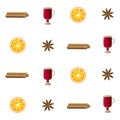 Pattern illustration with cinnamon sticks, irish glasses with mulled wine, orange slices and cardamon