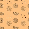 pattern of a illustration of a kiwi and orange fruit. Lines art tropical kiwi fruit