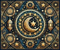 Pattern illustration with Ramadan motifs including crescent moons and lanterns. Ornate Ramadan Tapestry. Intricate Background with