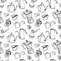 Pattern with illustrations of different methods of manual brewing, geyser coffee maker, v60, kettle, cups and filter of