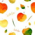 Pattern with the image of apples and leaves, filled with watercolor texture of yellow, orange, green and red colors. September ins
