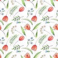 Pattern with the image of wildflowers, red berries and green leaves on a white background Royalty Free Stock Photo