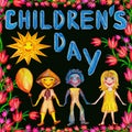 Pattern International Children`s Day.Drawing by hand with colored pencils children the inscription is the children`s day Royalty Free Stock Photo