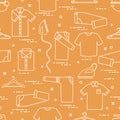 Pattern with irons, hangers and different clothes.