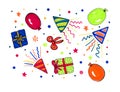 Pattern with items for a birthday party. Balloons, gifts, confetti. Different colors on a white background. Royalty Free Stock Photo