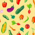 A pattern of juicy vegetables on a light yellow background. Pattern for kitchen, apron, towels, napkins, curtains