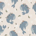 Vector hand-drawn colored childish seamless repeating simple doodle pattern with whales in scandinavian style.