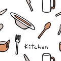 Pattern with kitchen utensils on a white background and lettering Kitchen. Plates, forks, knives, spoons, mugs.