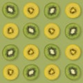 Pattern of kiwi slices. Food background. Yellow and green kiwi slices.