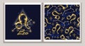 Pattern, label with gold icon of zodiac sign Leo Royalty Free Stock Photo