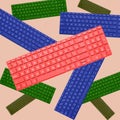 A pattern of a large number of multi-colored keyboards.