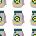 Pattern with a large package of food for animals, cats, with a label with a paw