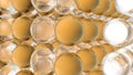 A pattern of large volumetric balls. Glass transparent spheres and yellow or gold.