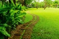 Pattern of Laterite stepping stone on a green Lawn backyard in the public park, Curve paving pattern of Laterite stepping stone. Royalty Free Stock Photo