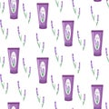 Pattern with lavender and a tube of cream. Natural organic cosmetics for care. Royalty Free Stock Photo