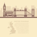 Template leaflets with a map of great Britain and landmarks of London