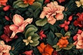 Pattern of leaves and blooming flowers. Deep colors on dark background