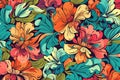 Pattern of leaves and blooming flowers. Deep colors