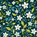 Pattern of leaves and blooming flowers. Deep colors