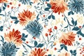 Pattern of leaves and blooming flowers. Deep red and blue colors on white background