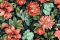 Pattern of leaves and blooming flowers. Deep red and green colors on dark background