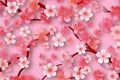 Pattern of leaves and blooming pink flowers. Pastel colors on light background. Japanese style Royalty Free Stock Photo