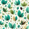 Pattern with leaves in blue, white, and brown, with playful streamlined forms (tiled)