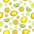 Pattern with lemon and lime. Handmade drawing. Seamless pattern with lemons. Bright pattern with fruits.