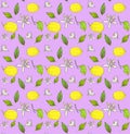 Pattern with lemons, flowers on purple background