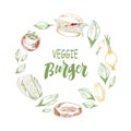 Pattern with lettering veggie burger and vegetables