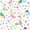 Pattern with little boy and girl in different poses and easter eggs Royalty Free Stock Photo