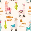 Pattern with llama and cactus. Vector seamless texture.