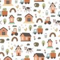 Seamless pattern with cartoon sheep, cow, decor elements. Farm. Flat colorful vector for kids. hand drawing. animals.