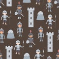 Seamless pattern with cartoon knights, decorative elements. Flat style colorful vector illustration for kids.