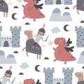 Seamless pattern with cartoon knights, decorative elements. Flat style colorful vector illustration for kids. hand drawing.