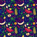 Pattern of lots of bright juicy fruits on a white background