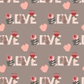 Pattern with Love text. Seamless with pink heart and geometric flower for Valentine greeting card, wrapping, textile Royalty Free Stock Photo