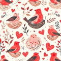 pattern of lovebirds and heart-shaped nests for a whimsical Valentine& x27;s Day-themed background. Generative AI