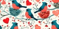 pattern of lovebirds and heart-shaped nests for a whimsical Valentine& x27;s Day-themed background. Generative AI