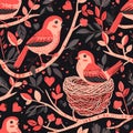 pattern of lovebirds and heart-shaped nests for a whimsical Valentine& x27;s Day-themed background. Generative AI