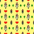 Pattern, lovers riding a motorcycle and having a heart and a yellow background.
