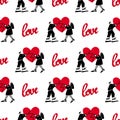 Pattern of lovers.Seamless pattern for Valentine`s Day. A guy and a girl are holding a broken heart.Vector