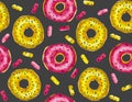 Watercolor seamless Pattern of fried donuts coated with glaze.